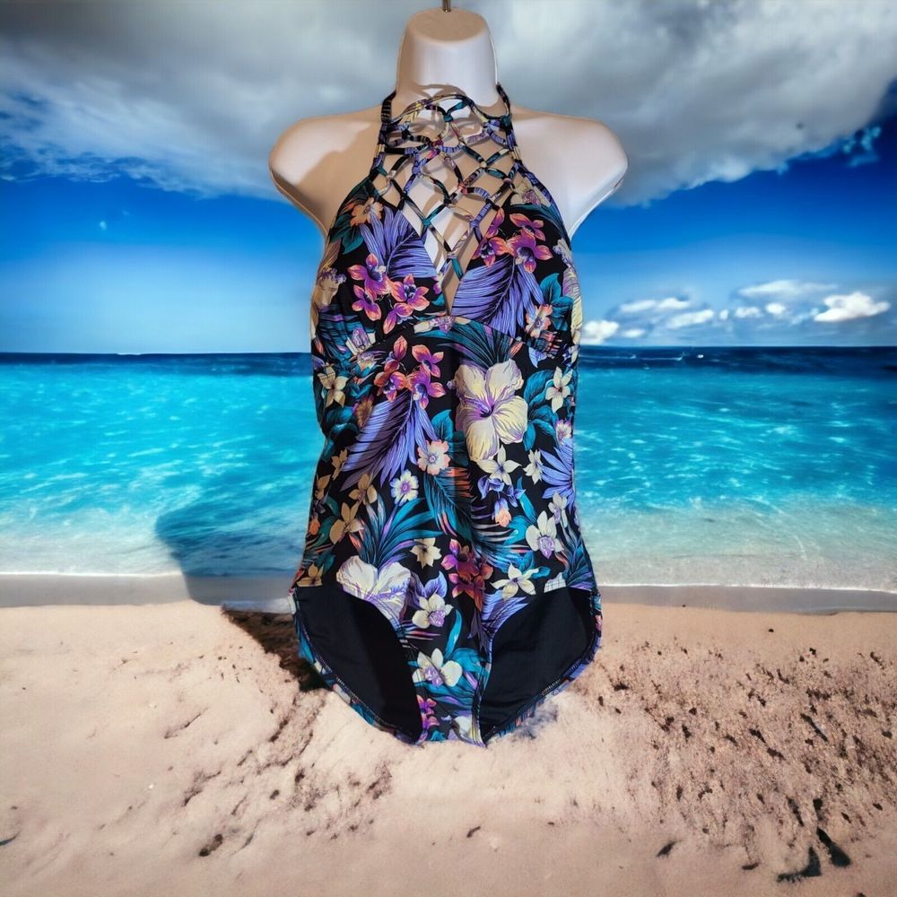 Tahiti Women's Floral One-Piece Halter Swimsuit Size M (8-10) Lattice Detail
